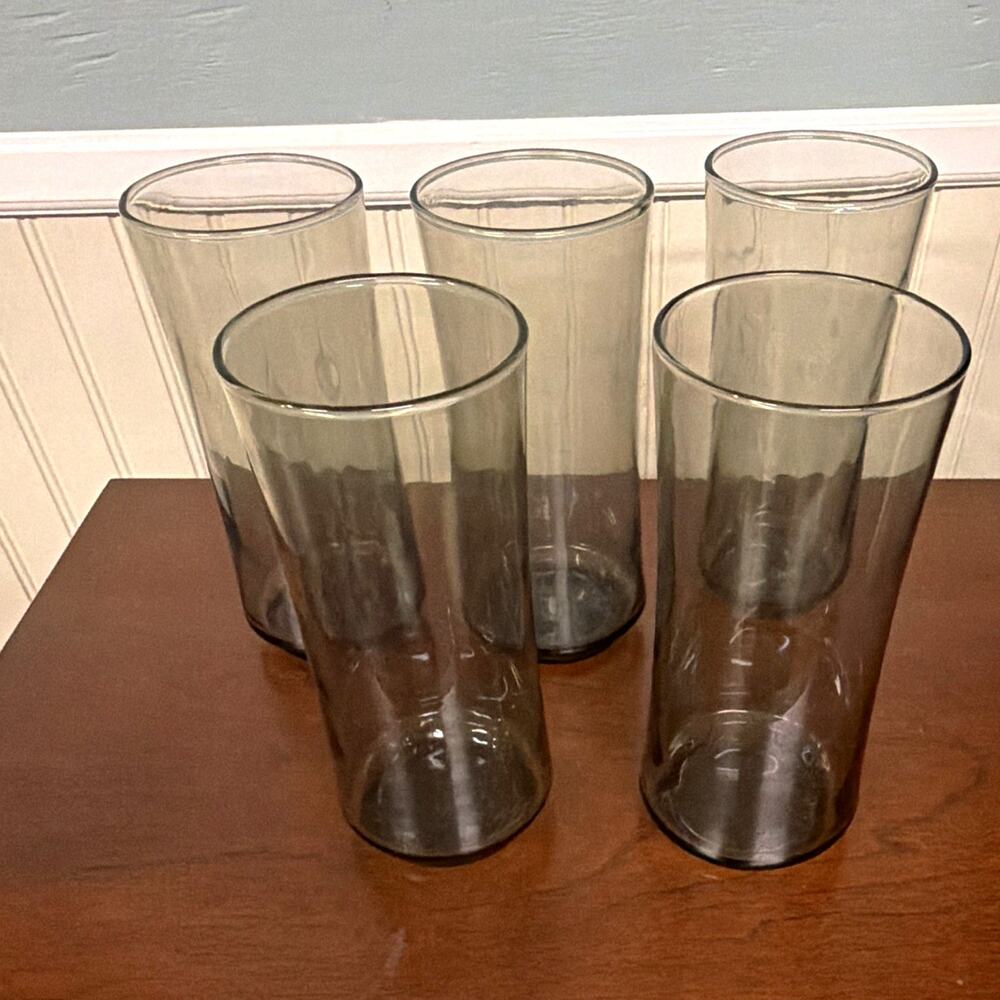 Set of 5 Smoke Grey optic swirl Tapered Vintage Libbey Tumbler Drinking Glasses